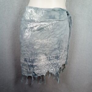Handmade Indonesian Dragon Batik Wrap Sarong Mini Skirt Blue White Tassel Fringe